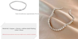 Vista de detalle de pulsera tenis plateada con circonitas sobre fondo de seda champán