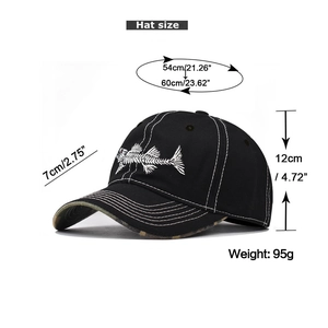 Detailed size guide for cotton baseball cap featuring fish bone embroidery and contrast stitching