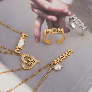 Detail of MOM and MAMA letter jewelry with rhinestones and pearls for Mother's Day