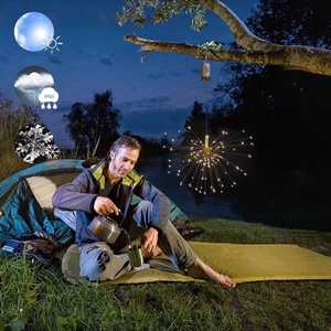 Outdoor IP65 waterproof LED hanging firework lights illuminating a night lakeside camping scene
