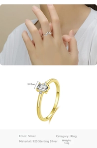 Detailed view of s925 silver crown ring and emerald cut zircon ring with 1.4g weight