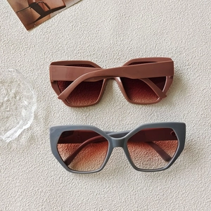 Modern thick frame polygon sunglasses in brick red and blue with gradient brown lenses