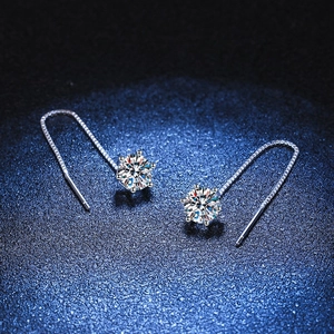 Classic S925 silver threader earrings with six-prong 1 carat moissanite round cut