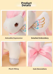 Detailed views of plush unicorn with embroidered wings and pink ribbon decoration