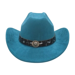 Detail of turquoise cowboy hat featuring a golden lion head buckle and Greca pattern strap