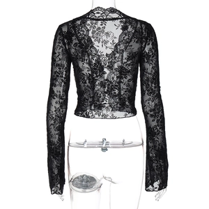 Close-up of black lace fabric with floral patterns and scalloped edges on long-sleeve top