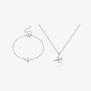 925 Sterling Silver Airplane Pendant Necklace And Bracelet Jewelry Set For Women Minimalist Rhinestone Adjustable Chain