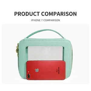 Mint green PVC travel makeup organizer box with clear window and leather handle