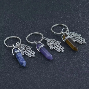 Hamsa Hand keychains with hexagonal crystal points in Amethyst, Tiger Eye, and Sodalite