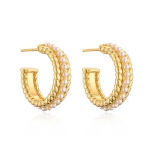 Elegant gold plated C-shaped hoop earrings with woven texture and white pearls