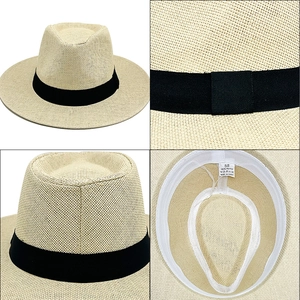 Detail shots of beige paper straw fedora showing weave texture, black ribbon and inner label