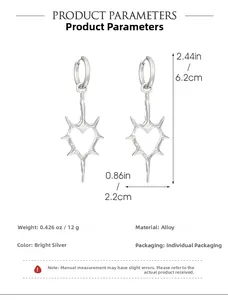 Detailed view of silver gothic thorn heart earrings with precise size dimensions and weight