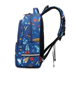 Detail of school backpack showing the side mesh pocket and padded straps with reflective strips