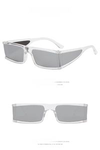 Detail view showing transparent rectangular frames with silver mirrored lenses from two angles