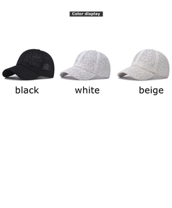 Detailed view of breathable lace mesh baseball caps in black, white, and beige colors