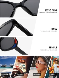 Close-up of cat-eye sunglasses featuring color-block temples and sturdy metal hinges