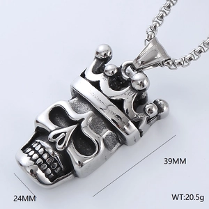 Macro shot showing 39mm length and 24mm width of crown skull pendant necklace
