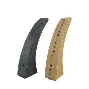 Vertical curved velvet jewelry display stand for bracelets and necklaces in gray and beige