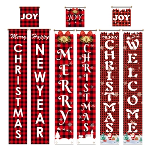 Kerstmis veranda banners met rood-zwart ruitpatroon en feestelijke teksten voor buiten