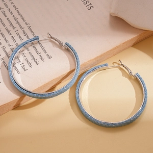 Fashionable denim fabric hoop earrings with white polka dots and silver metal frames