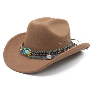 Western Cowboy Hat Ethnic Woven Band Wide Brim Fedora Turquoise Tassel Metal Coin Vintage Bohemian Style