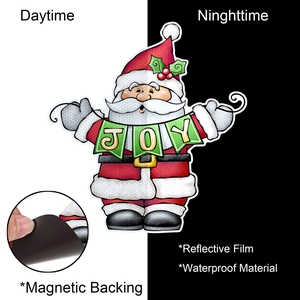 Macro view of waterproof reflective Santa Claus magnet showing day and night visibility