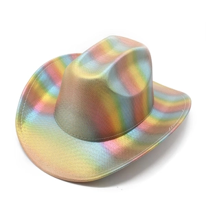 Detailed macro of the rainbow metallic texture and gradient finish on the cowboy hat