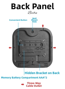 Detail view of multifunctional digital clock back with buttons, stand and battery compartment