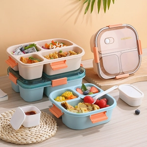 Three-compartment bento lunch box with soup cup and utensils for picnic and office use