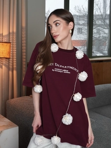 Women Oversized T-Shirt Cotton Round Neck Letter Print Short Sleeve Casual Streetwear Top Wine Red