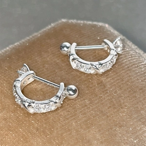 Elegant S925 silver U-shaped earrings with clear crystals on champagne velvet jewelry box