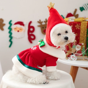 Festive red pet Christmas dress and plush hat with gold star for dogs and cats