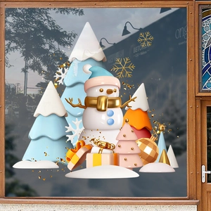 3D Christmas tree and snowman static window stickers for festive holiday glass decoration