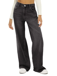 Detail of high-waisted dark grey wide-leg denim jeans showing fabric texture and loose fit