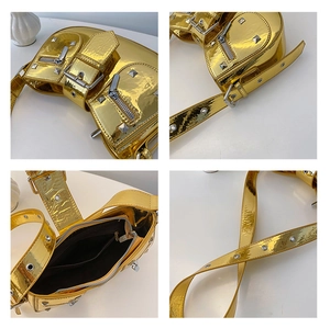 Detail view of gold metallic handbag showing multiple pockets and adjustable shoulder strap