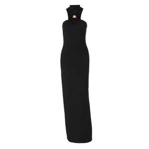 Elegant black halter neck maxi dress with a golden metal ring detail on white background