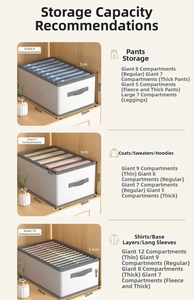 Detailed size guide for multi-grid clothes organizers showing storage capacity for pants