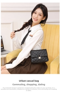 Classic black quilted crossbody bag with gold chain strap shown in a casual lifestyle setting