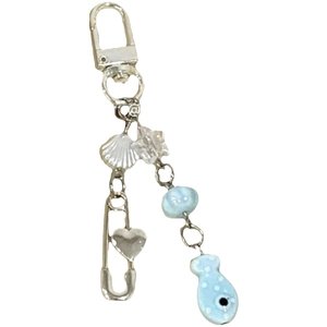 Cute fish-themed beaded phone charm with silver metal shell and star pendants