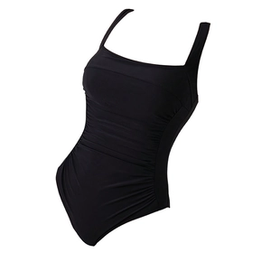 Elegant black one-piece swimsuit with square neckline and slimming ruched waist design