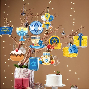 Happy Hanukkah hanging decorations set featuring Stars of David and Menorah on a tree
