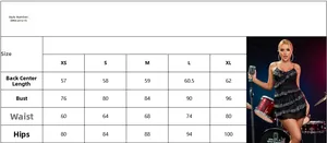 Size chart for the sequin tassel mini dress with body measurements from XS to XL