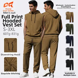 Detail view of men hooded vest and sweatpants set showing drawstrings and seam stitching