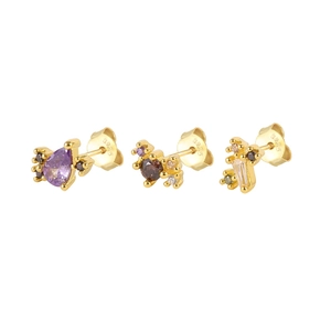 Three-piece set of S925 sterling silver gold-plated stud earrings with colorful zircons