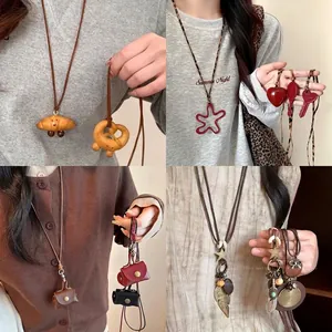 Vintage Long Pendant Necklace Alloy Wood Resin Leather Cords Sweater Chain Korean Style Bohemian Jewelry Women