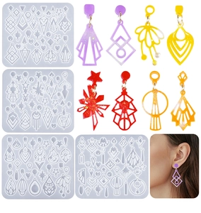 Detail of DIY epoxy resin earring silicone molds with diverse geometric shapes and finished jewelry