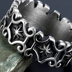 Vintage stainless steel sun totem ring with antique silver finish and punk engravings