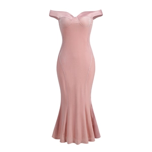 Pink off-shoulder velvet maxi dress featuring a slim fit silhouette and fishtail hemline