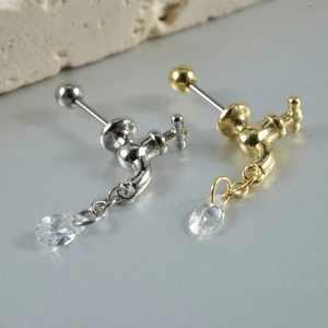 Unique stainless steel faucet earrings with hanging teardrop zircon and screw ball back