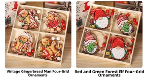 Detail of 12PCS wooden gingerbread man and gnome ornaments in a 4-grid rustic wooden box